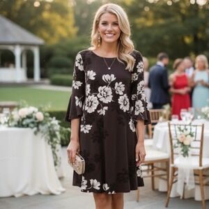 Lauren Ralph Lauren Womens Black White Floral‎ Bell Sleeve Sheath Dress Size 8